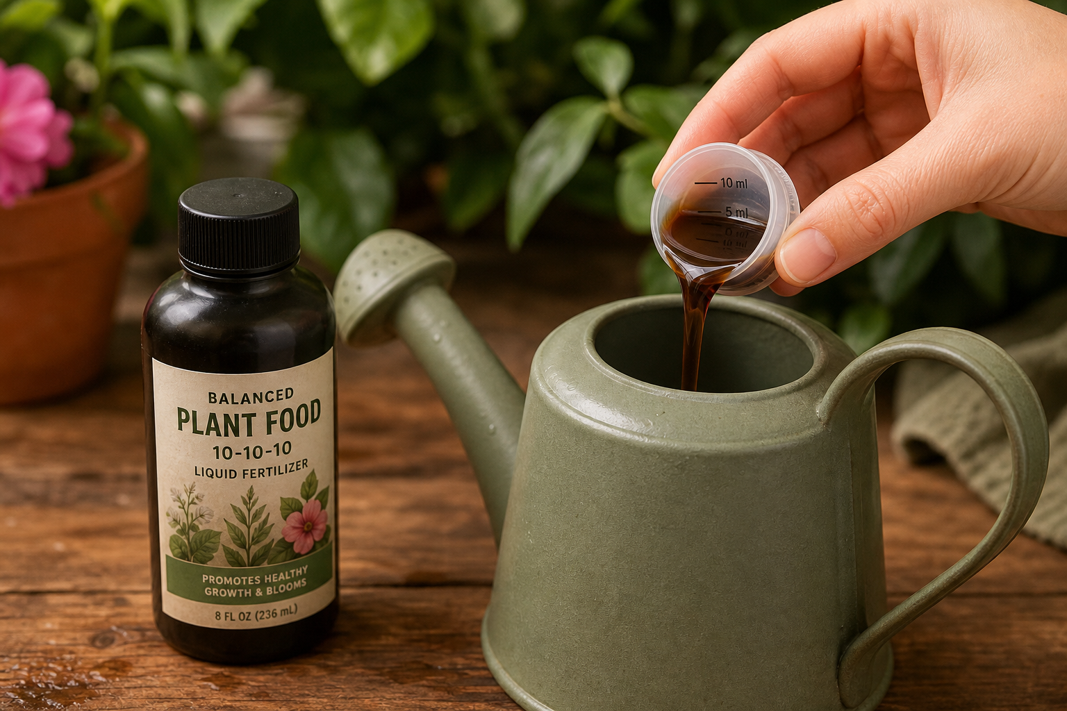 Indoor plant care basics — fertilizer care with liquid fertilizer being diluted in a watering can