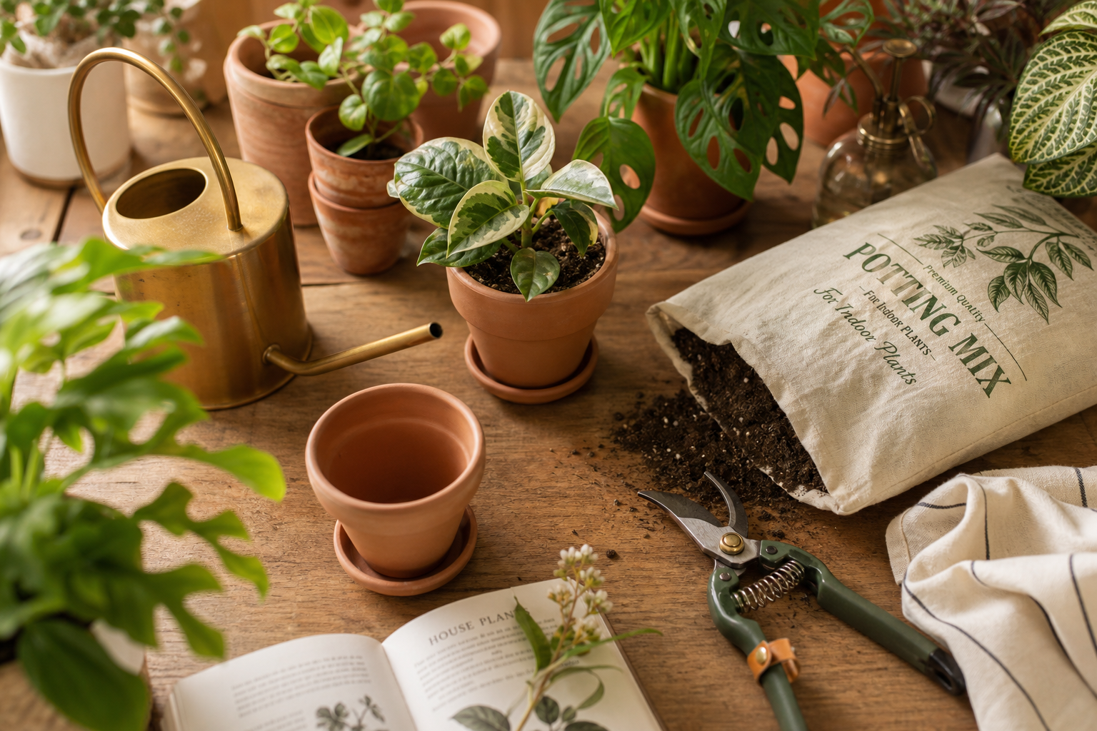 Indoor plant care basics — healthy houseplants on a windowsill with essential care tools