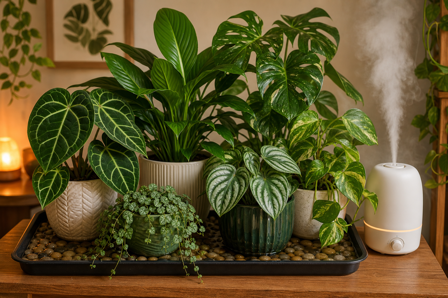 Indoor plant care basics — humidity care with tropical houseplants grouped on a pebble tray