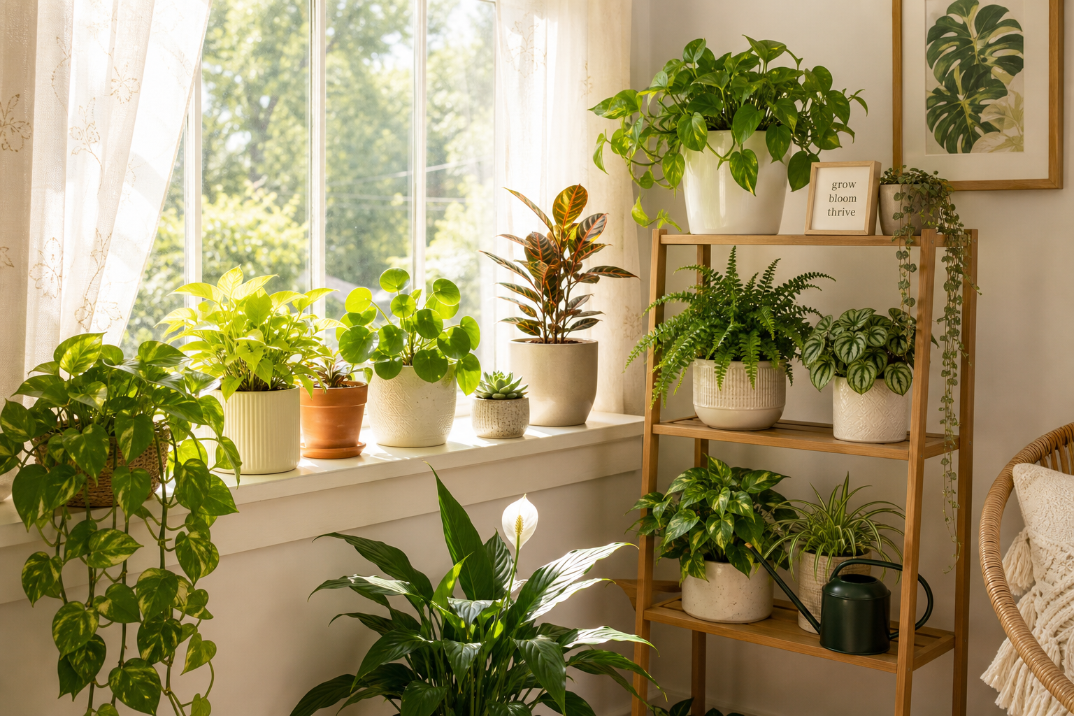 Indoor plant care basics — light care for houseplants near a bright window with filtered natural light