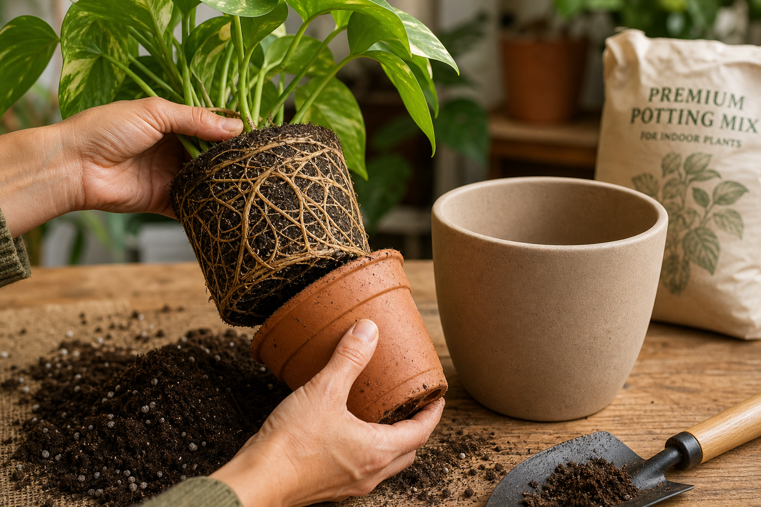 Indoor plant care basics — repotting care showing hands removing a root-bound plant from its pot