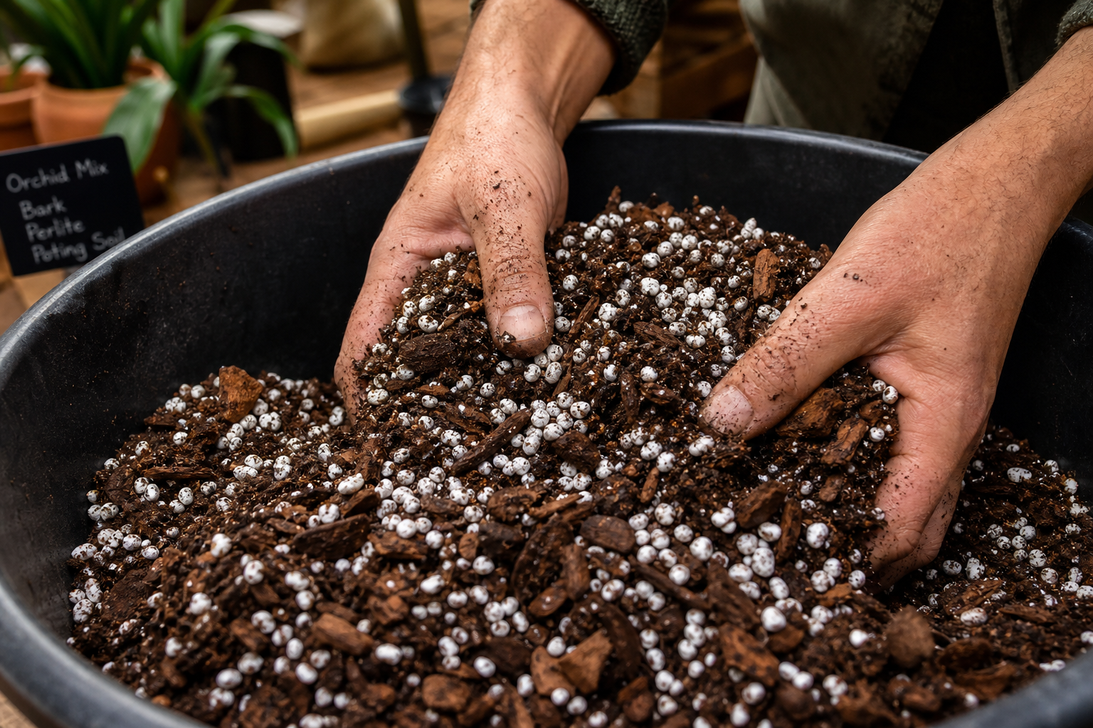 Indoor plant care basics — soil care showing hands mixing potting soil with perlite