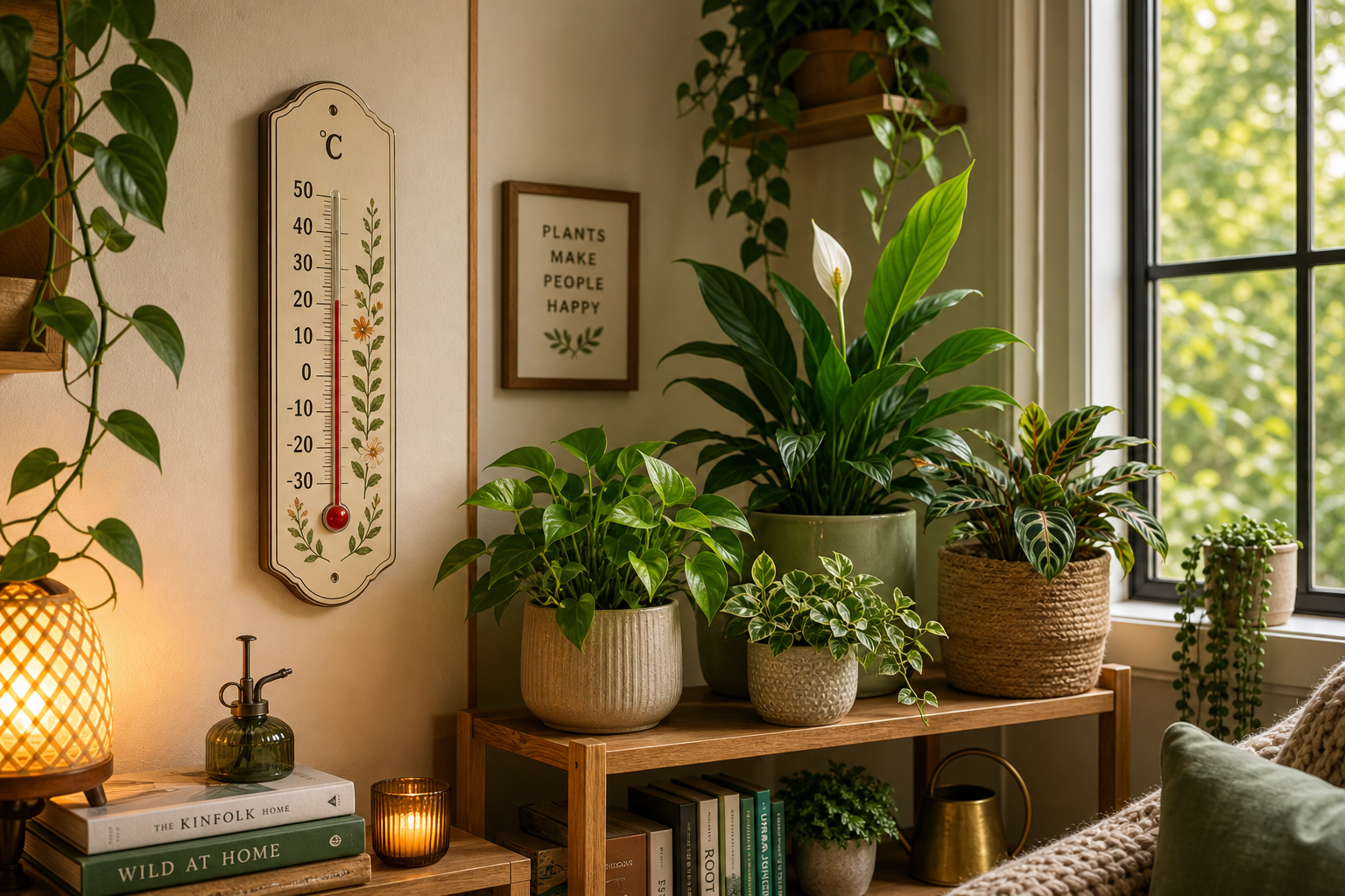 Indoor plant care basics — temperature care with a thermometer near indoor plants in a comfortable room