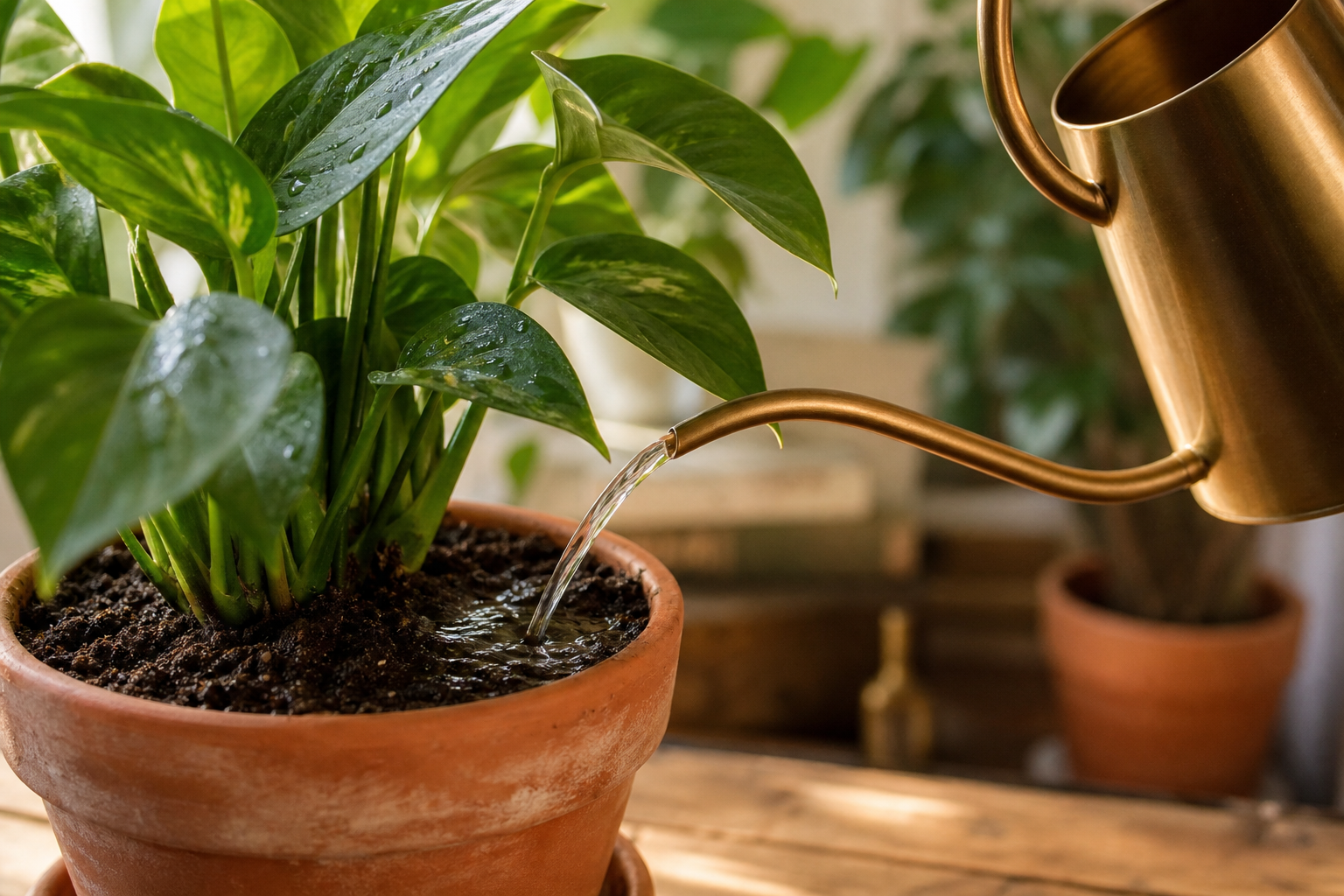 Indoor plant care basics — water care with a watering can pouring water onto potted houseplant soil