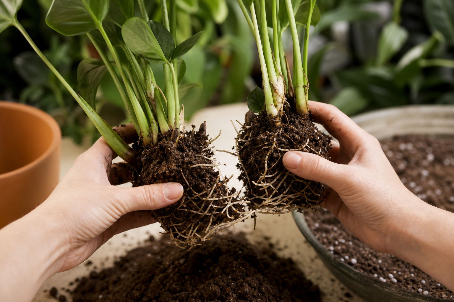 Houseplant propagation — division method showing hands separating a root ball into sections