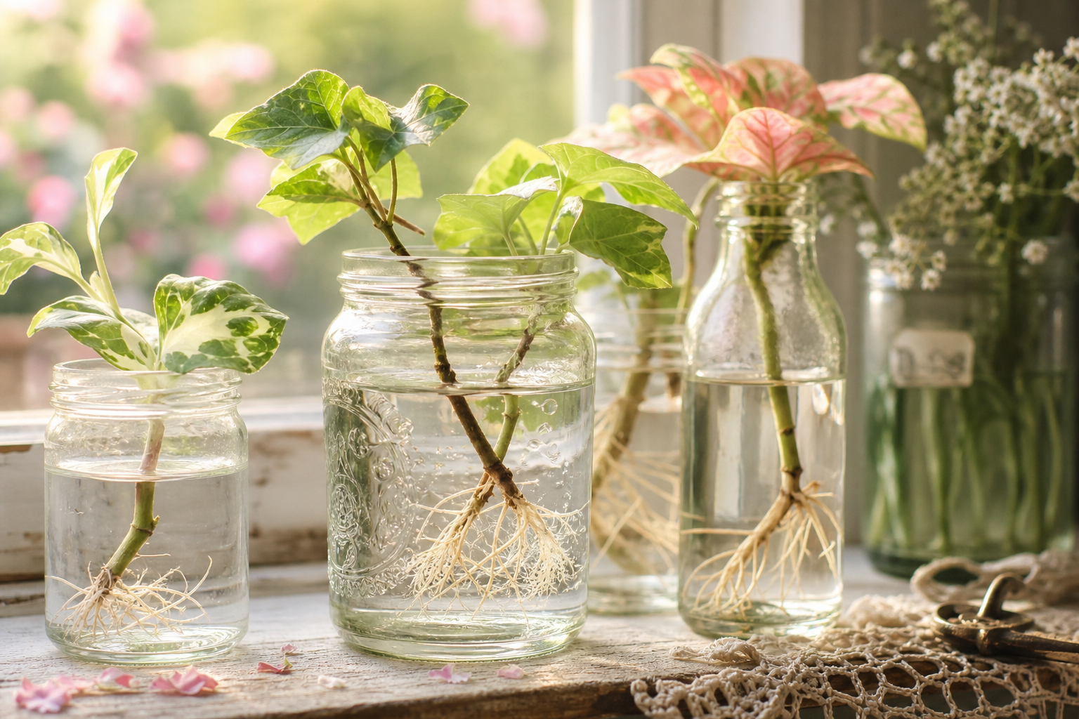 Houseplant propagation — stem cuttings rooting in glass jars on a sunlit windowsill