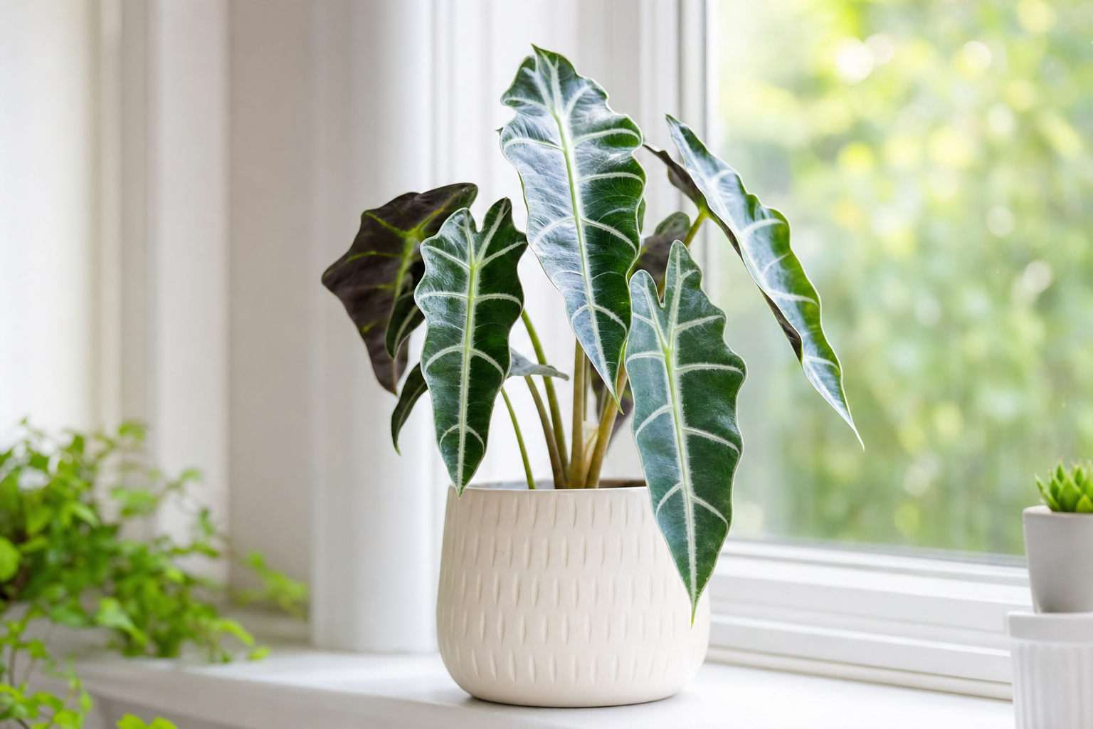 Alocasia Polly light care — placed near a bright window for indirect light