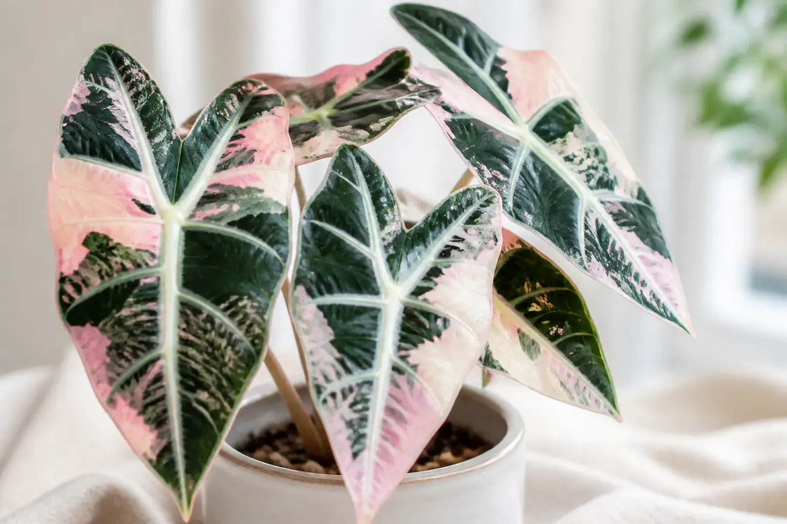 Alocasia Polly Alocasia Polly "Variegata" variety — Unstable variegation with cream, white, or pink patches on leaves; each leaf has unique pattern