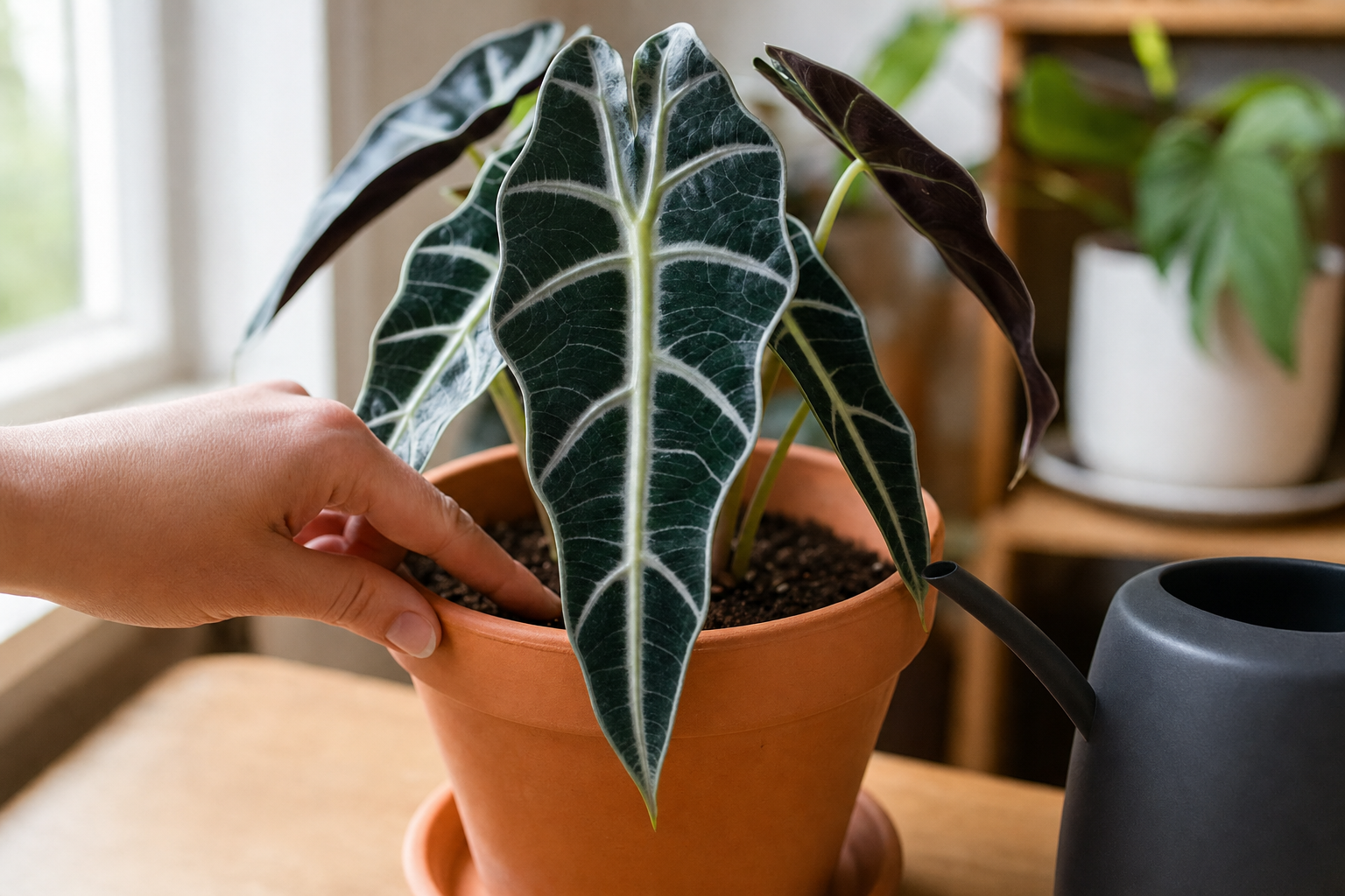 Alocasia Polly water care — checking soil moisture before watering