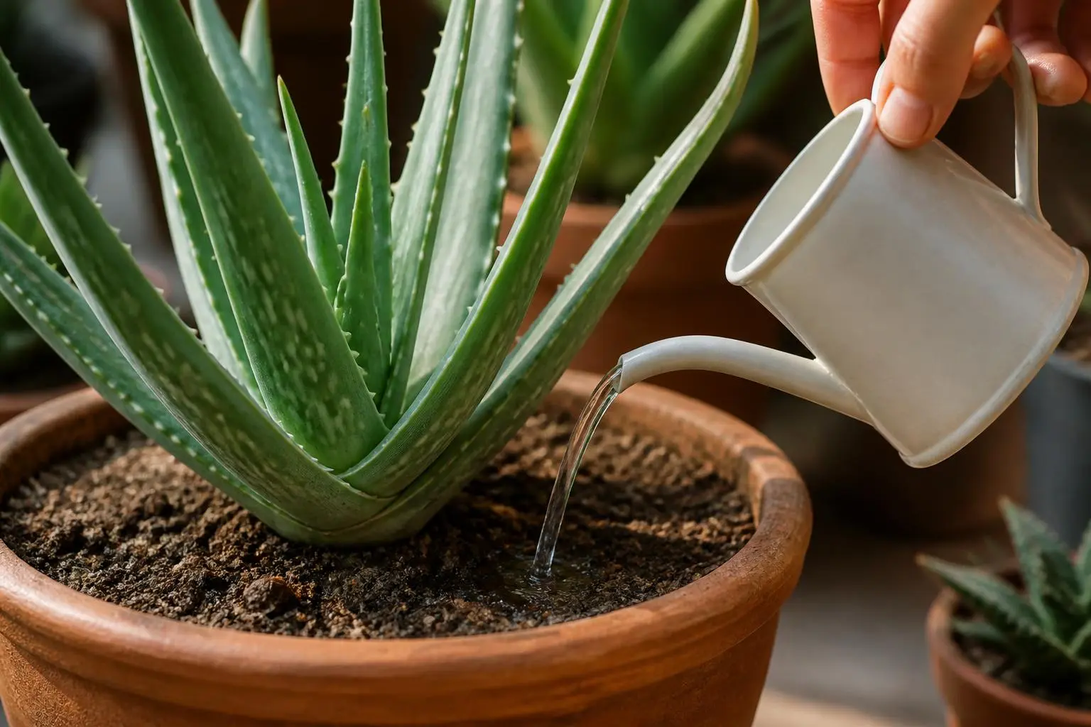 Aloe Vera water care — checking soil moisture before watering