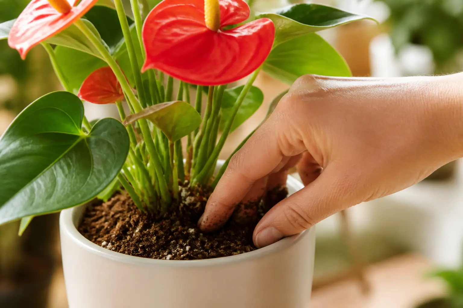 Anthurium water care — checking soil moisture before watering