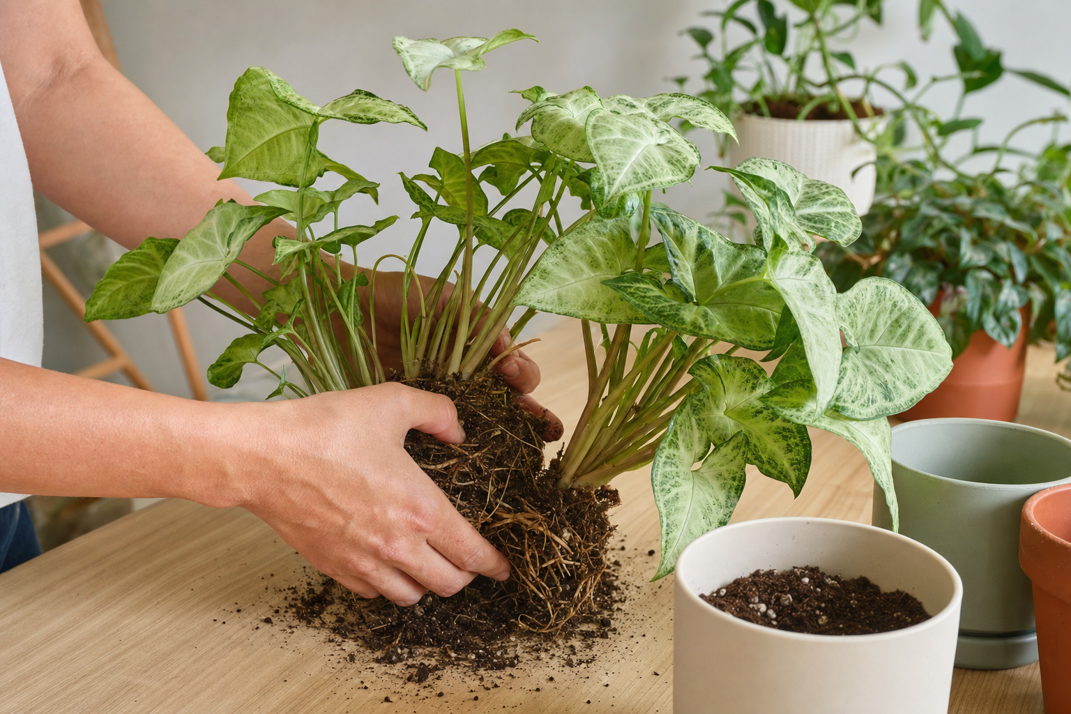 Arrowhead Plant propagation — division (for mature bushy plants)