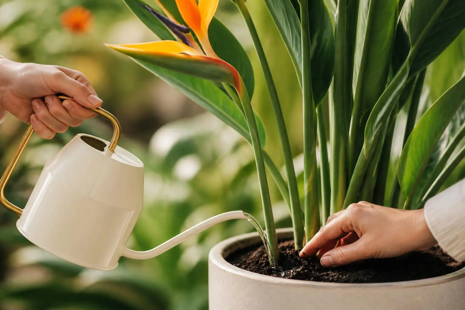 Bird of Paradise water care — checking soil moisture before watering