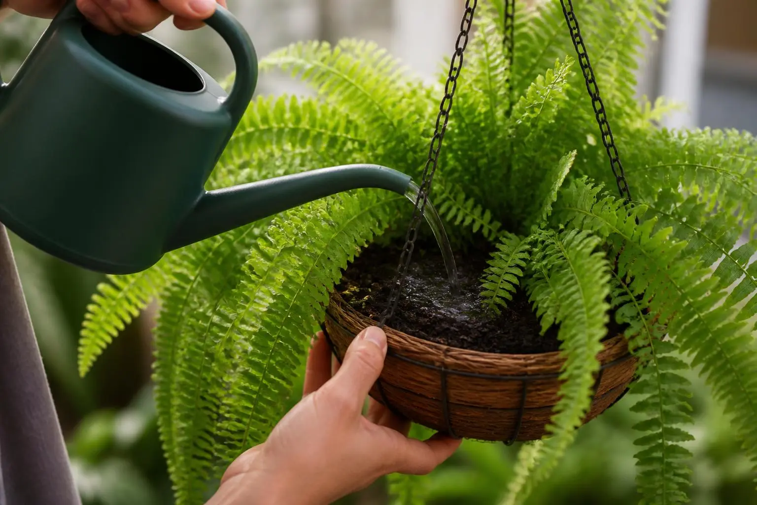 Boston Fern water care — checking soil moisture before watering