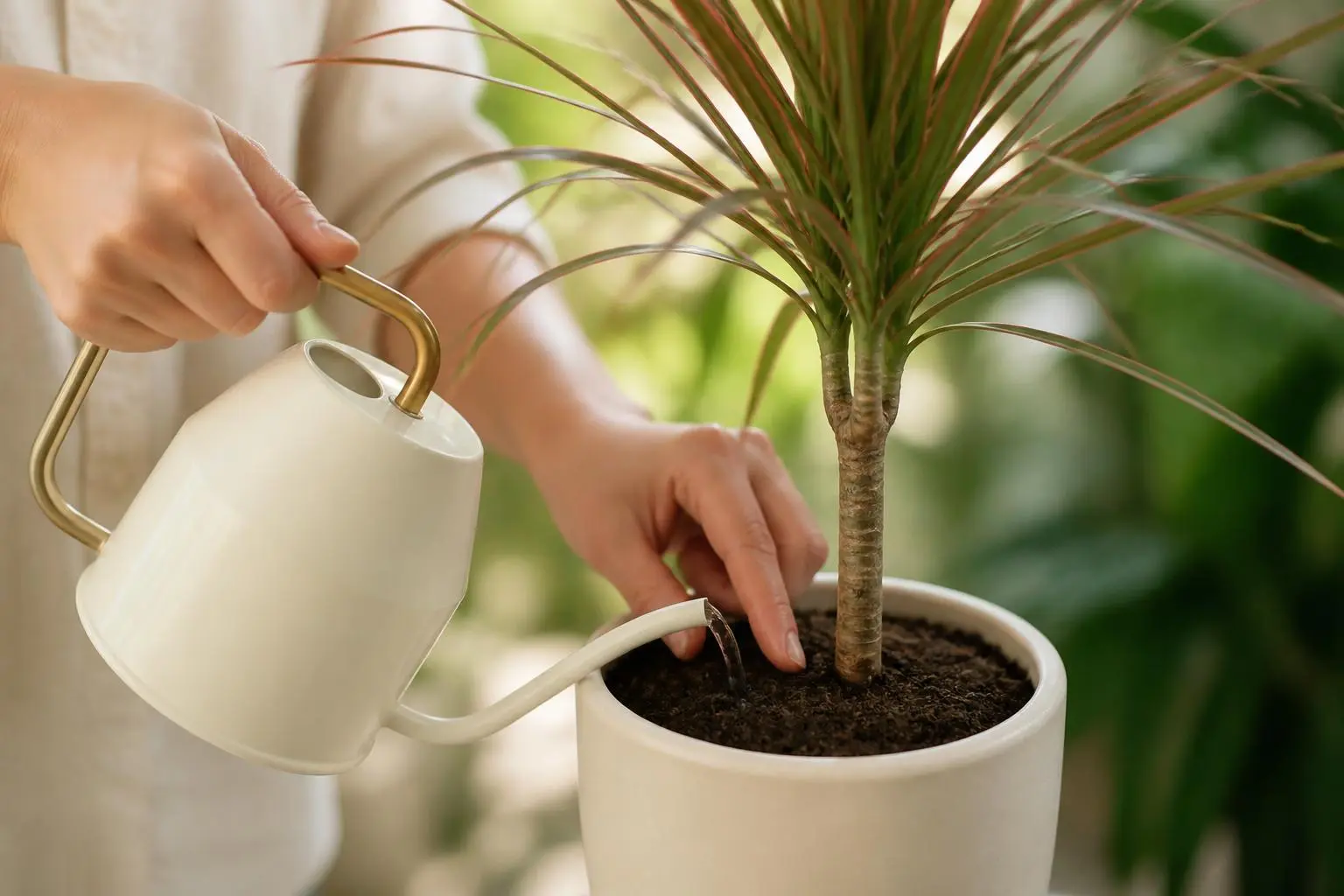 Dracaena water care — checking soil moisture before watering