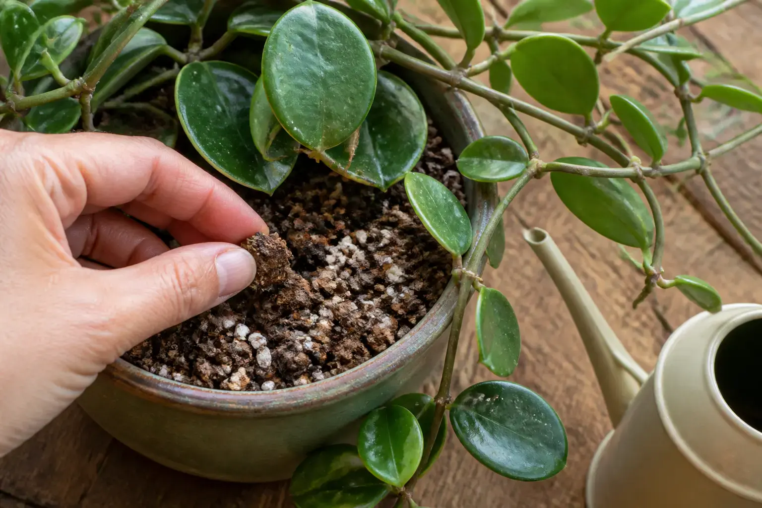 Hoya Carnosa water care — checking soil moisture before watering