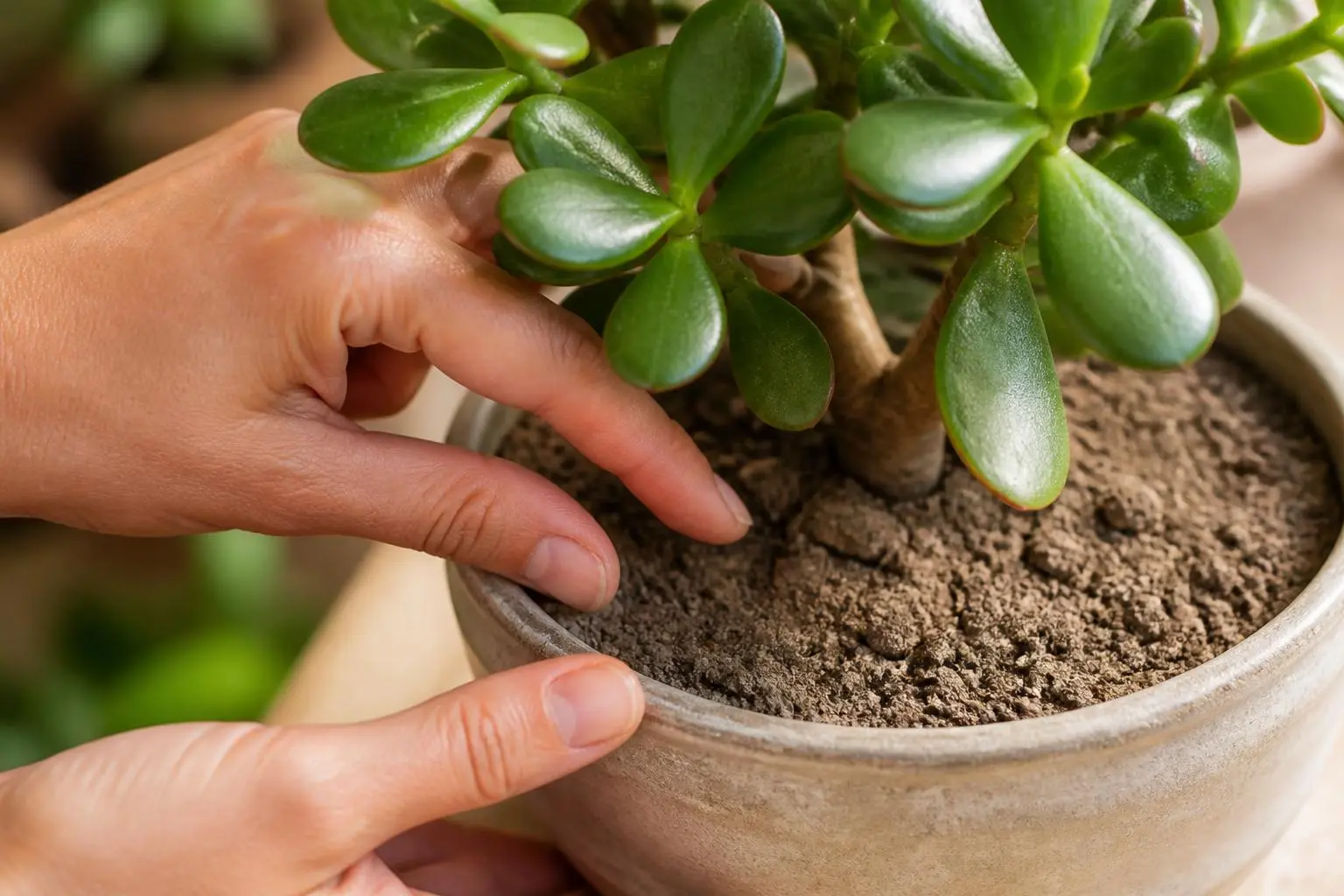 Jade Plant water care — checking soil moisture before watering
