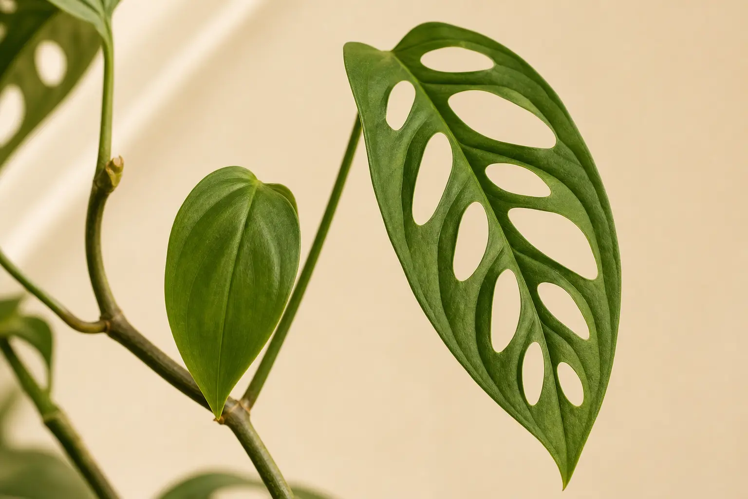 Monstera Adansonii fenestration — juvenile vs mature leaf comparison