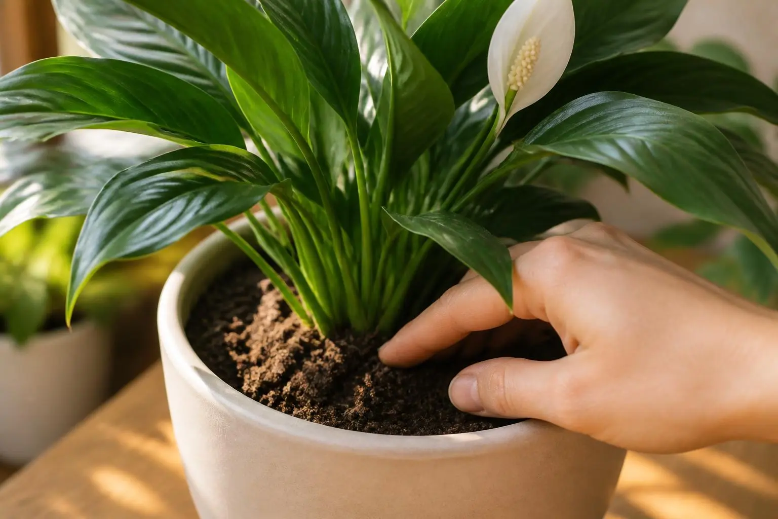 Peace Lily water care — checking soil moisture before watering
