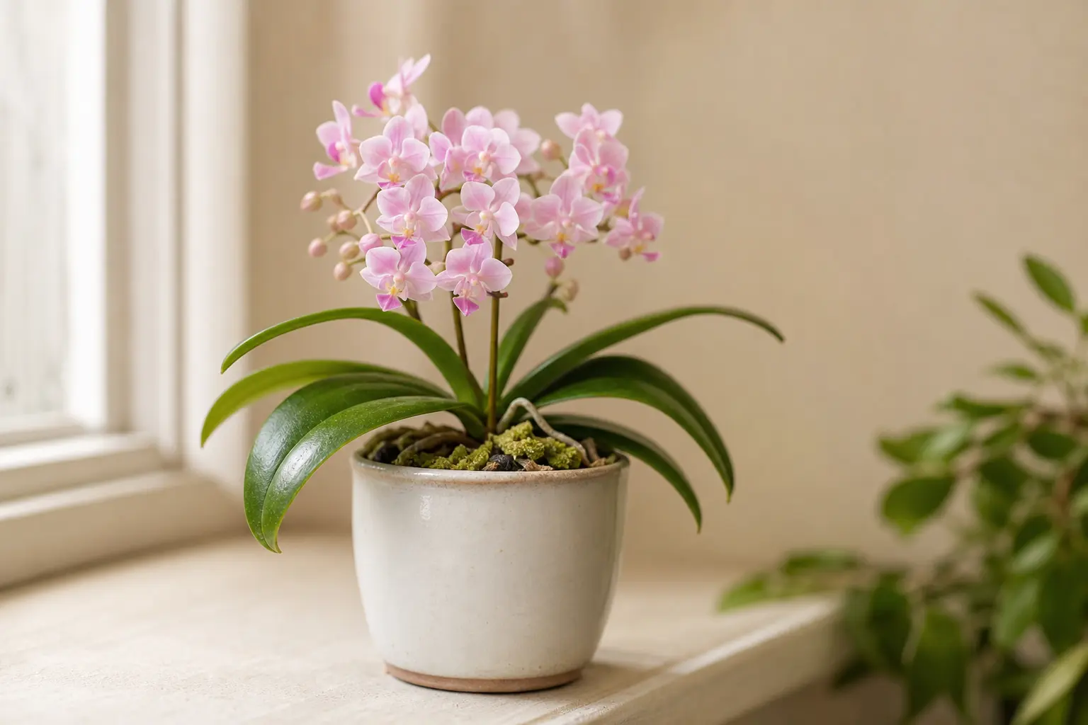 Phalaenopsis Orchid Phalaenopsis Miniature variety — Under 6 inches tall at maturity; dozens of tiny long-lasting flowers, some lightly fragrant