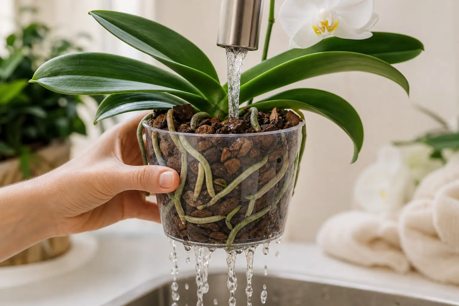 Phalaenopsis Orchid water care — checking soil moisture before watering