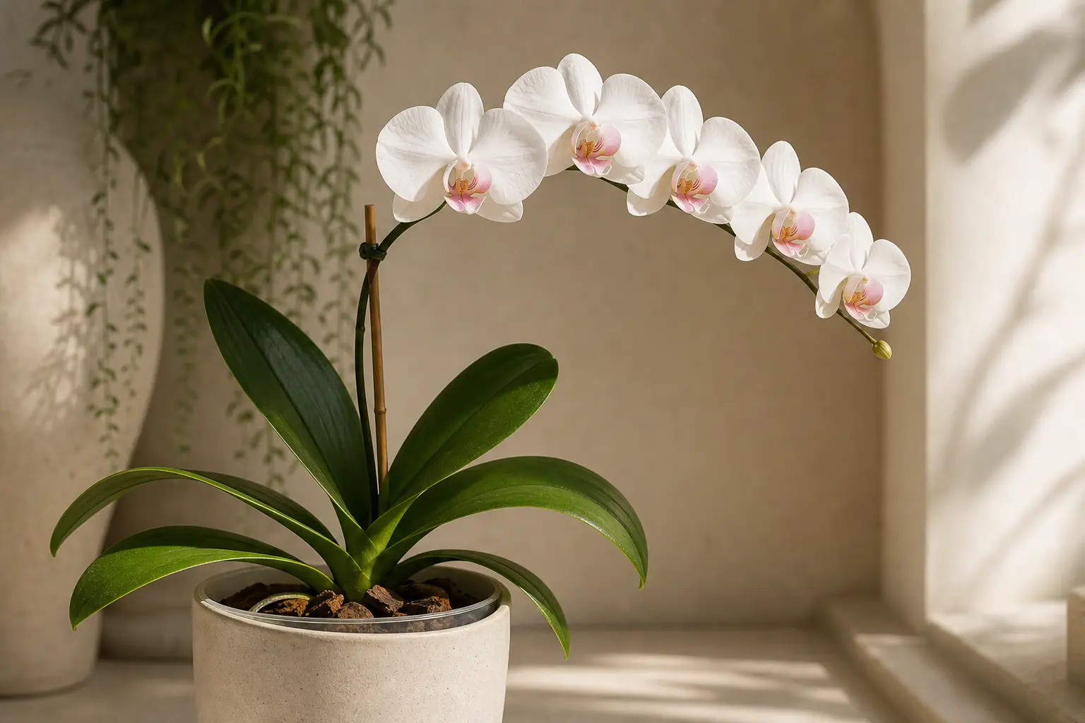 Phalaenopsis Orchid Phalaenopsis (Standard Large-Flower) variety — 3–7 large round blooms on one arching spike; the familiar classic orchid shape