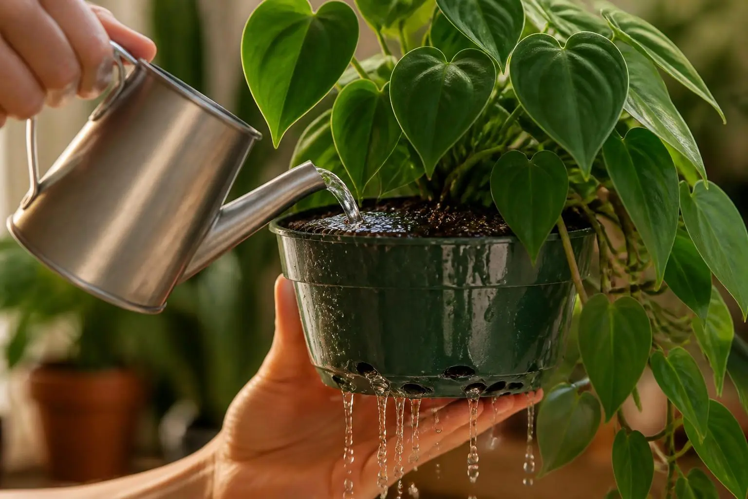 Philodendron water care — checking soil moisture before watering