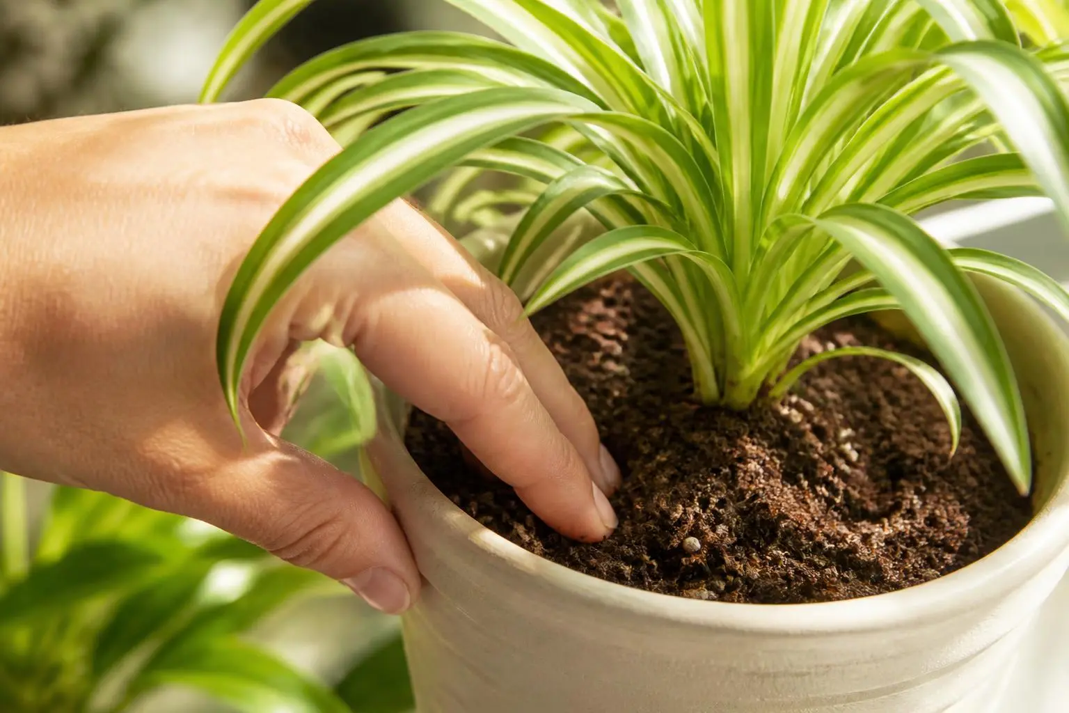 Spider Plant water care — checking soil moisture before watering