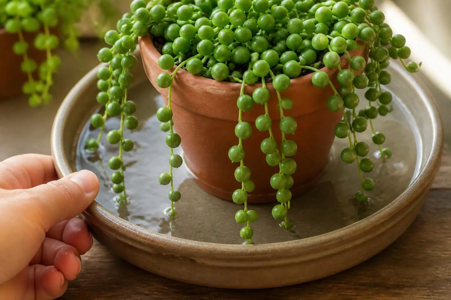 String of Pearls water care — checking soil moisture before watering
